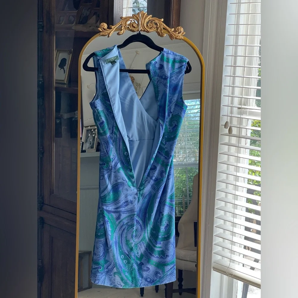 Lauren by Ralph Lauren Green & Blue Paisley Sleeveless Satin Faux Wrap Dress - Picture 7 of 12